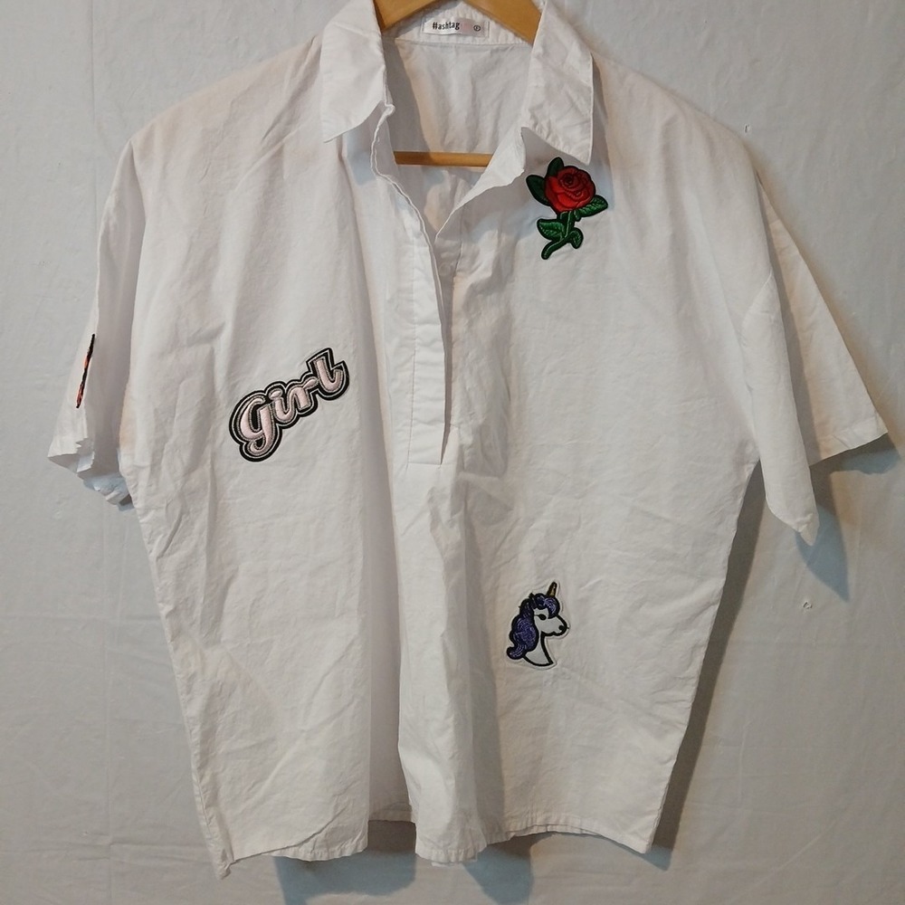 #ashtagemo Women's Or Girls White Top Blouse Emo Appliques Size L Or XL